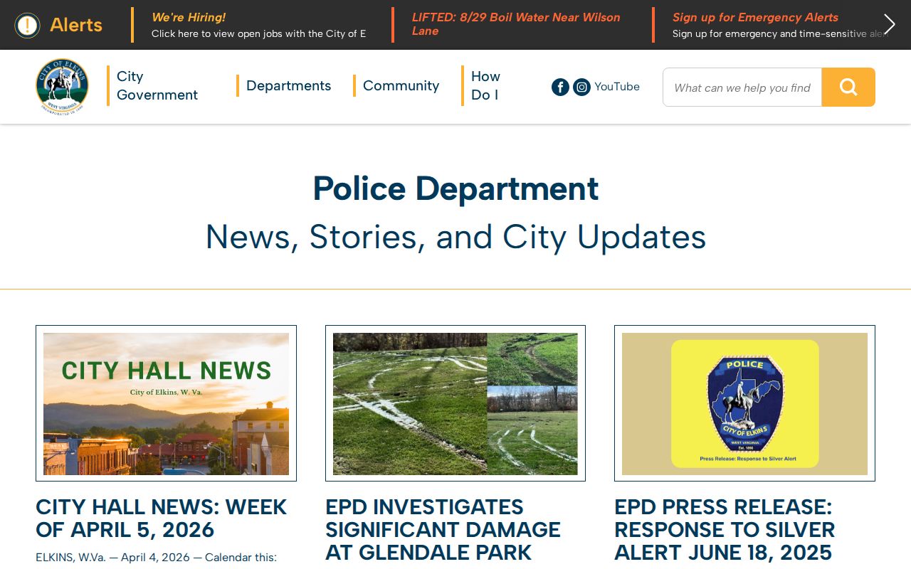 Elkins Police Department news page for Elkins arrest-record context