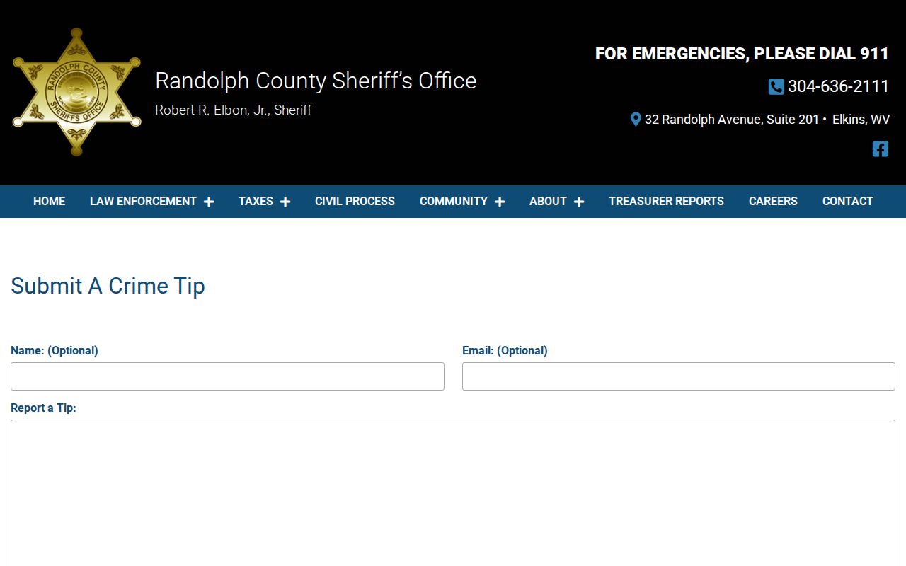 Randolph County Sheriff official tip form for warrant and public safety information