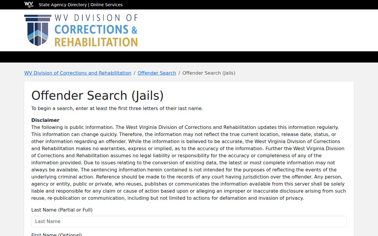West Virginia RJA Offender Search for Randolph County regional-jail custody records